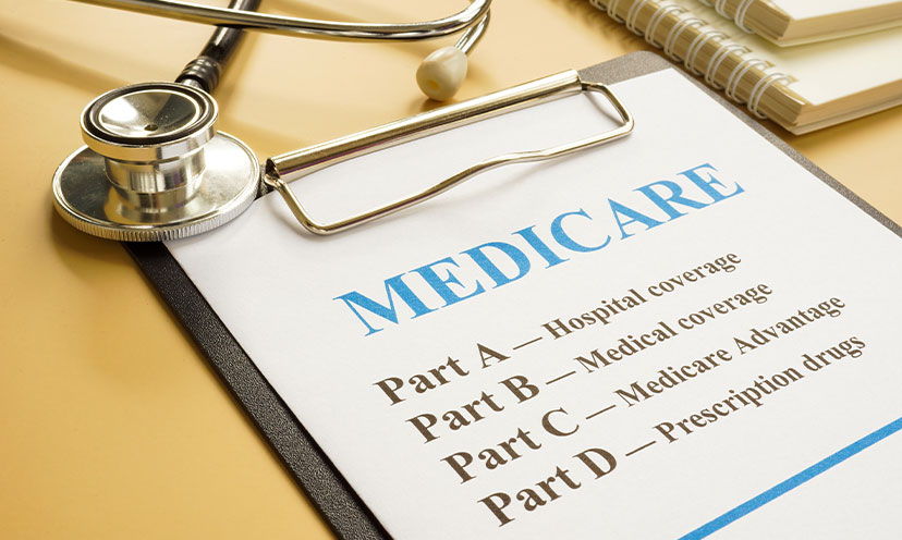 A paper on a clipboard with a stethoscope nearby. The paper reads "Medicare" with each of the parts listed