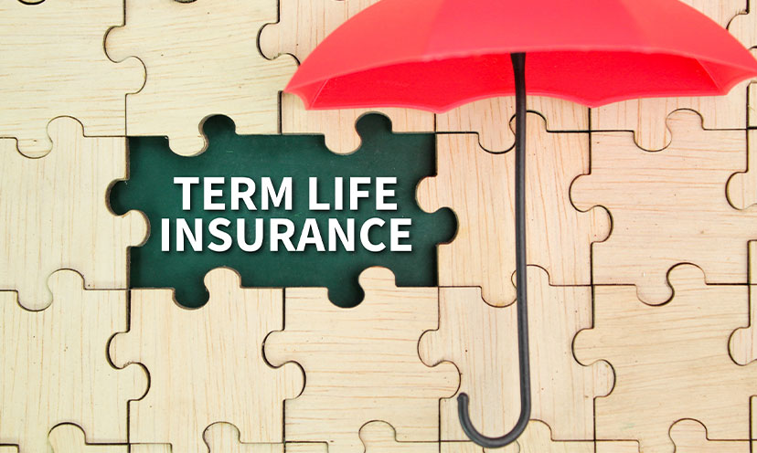 Image of wooden puzzle pieces fit together with two pieces missing revealing the words "term life insurance" and a red umbrella is set over them
